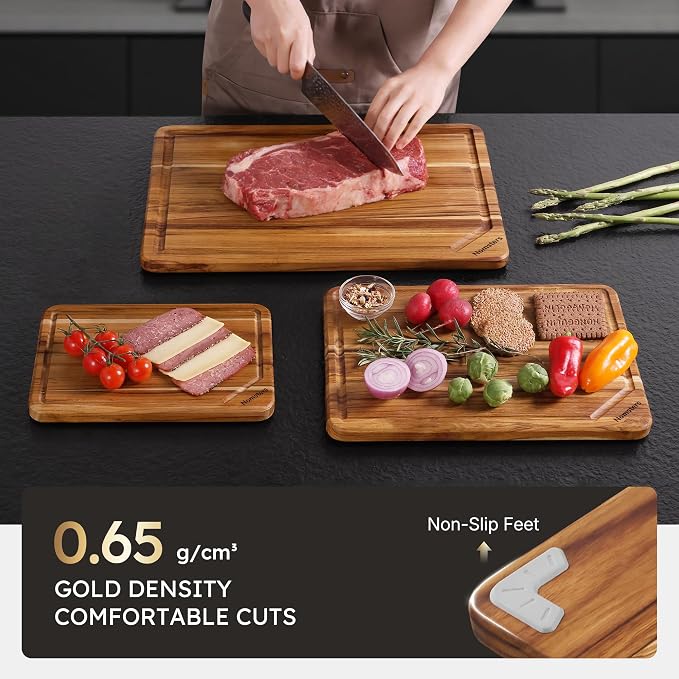 3 Pack Teak Wood Cutting Boards for Kitchen Wooden Chopping Board Non Toxic | Heavy Duty, Non Toxic, Serving, Hardwood, Over Sink, Thick Wooden Chopping Board, Large Big Small, Best Essential Gift, Fruit