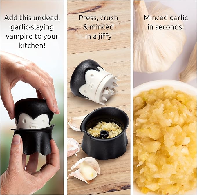 OTOTO Gracula Garlic Press, Garlic Crusher, Garlic Mincer, Also for Ginger, Nuts, Chili, Herbs - Twist Top Mincer & Easy Squeeze Manual Press Peeler, Goth Gifts