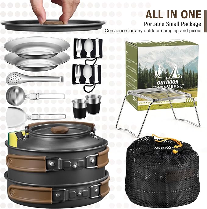 18Pcs Camping Cookware Cooking Set, Joyfair Camp Mess Kit with Utensils | Nonstick Pan,Pot,Kettle,Grill Grate, Outdoor Portable Backpacking Gear Openfire Accessories Essentials, Compact&Lightweight