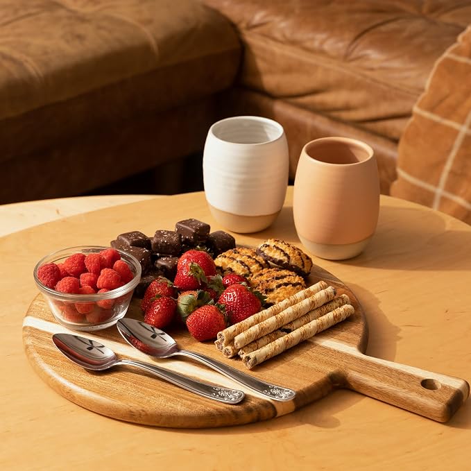 Acacia Wood Cutting Board and Chopping Board with Handle for Meat, Cheese Board, Vegetables, Bread, and Charcuterie - Decorative Wooden Serving Board for Kitchen and Dining Room, Large 13" x 13"