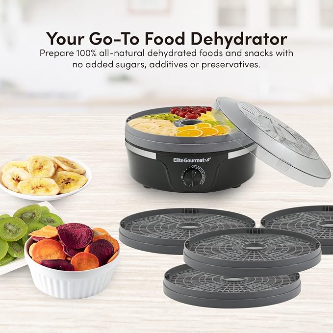Elite Gourmet EFD319DKG Food Dehydrator, 5 BPA-Free 11.4" Trays, Black/Grey | Adjustable temperature controls - makes jerky, herbs, fruit & veggies into dried snacks - a handy meat & herb drying option