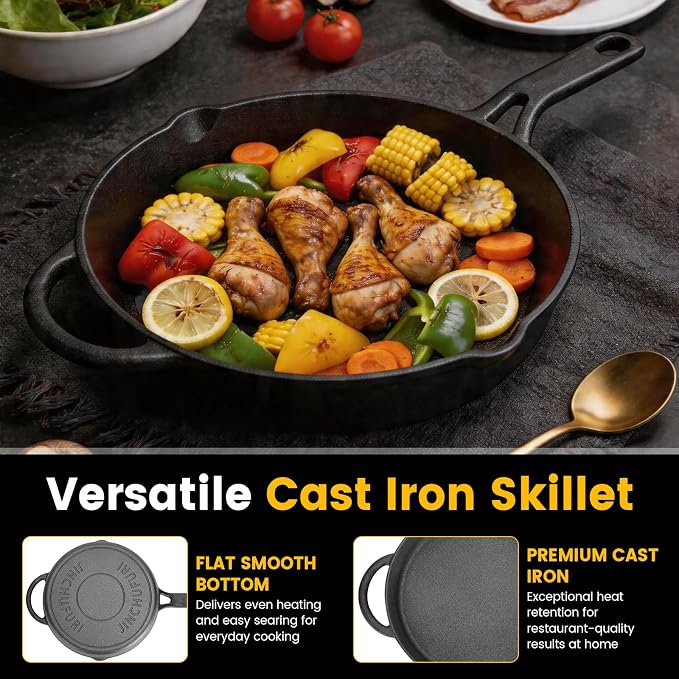 10 Inch Cast Iron Skillet, Pre-Seasoned Frying Pan with Dual Pour Spouts | Heavy Duty Cast Iron Pan for Steak, Eggs and Bacon, Works on Stovetop, Oven, Grill, Induction and Campfire, 3-Quart Capacity.