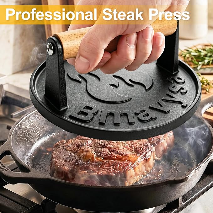 Heavy Duty Cast Iron Smash Burger Grill Press with Wooden Handle | Non-stick & Rust Resistant, Ideal Burger Smasher for Hamburgers, Bacon, Steak, Sandwiches and Beef on Grill & Griddle