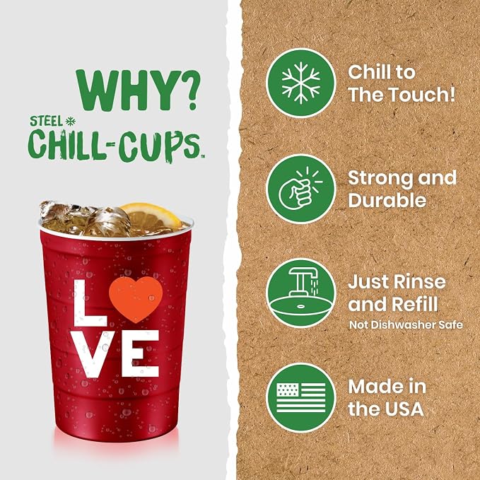 Steel Chill Cups 16 oz. Reusable Party Cups, Love & Heart Design, 12 Count | Made in USA from Steel these durable cups chill fast & keep your drink cold for longer, 100% recyclable for sustainablity