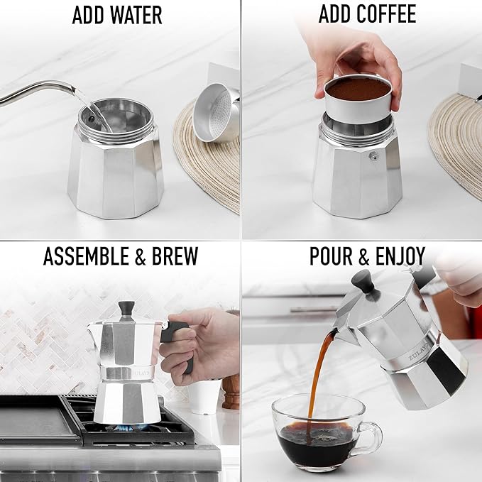 Zulay Moka Pot Espresso Stovetop Coffee Maker - Leak-Proof, Aluminum, Easy to Clean, Heat Resistant Handle & Knob - for Authentic Cuban & Italian Style Espresso - Makes 9 Espresso Cups - Silver