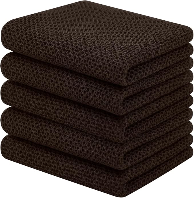 Homaxy 100% Cotton Waffle Weave Kitchen Towels, 5-Pack, Dark Brown | 13 x 28 Inches, Ultra Soft Absorbent Dish Towels, Quick Drying Cleaning Towels