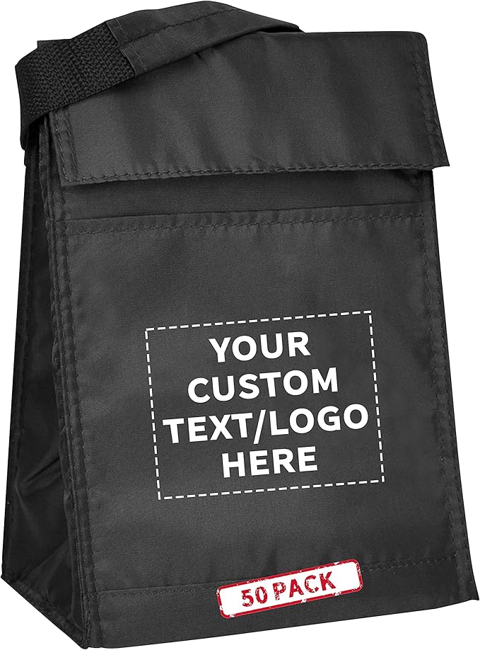 DISCOUNT PROMOS 50 Hook and Loop Insulated Lunch Bags Set - Customizable Text, Logo - Polyester, Durable, Vibrant, Reusable - Black