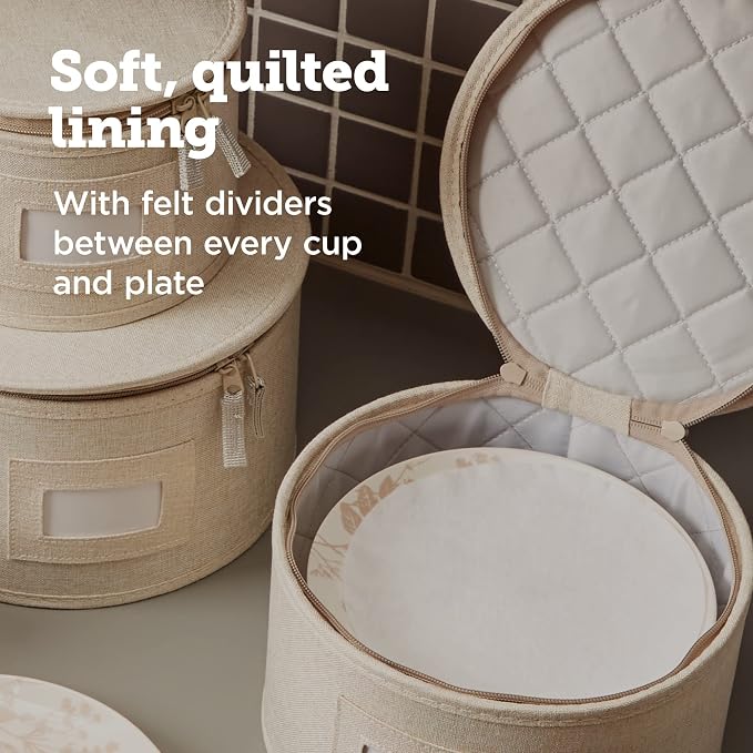 storageLAB China Storage Containers, Containers for Organizing, Hard Shell Case, Felt Plate Dividers, Moving Supplies, Storage Box, Wine, Dishes, Glasses Storage, Charger Plates Storage Containers | 5-piece quilted set for 12 - 4 plate cases + mug case...