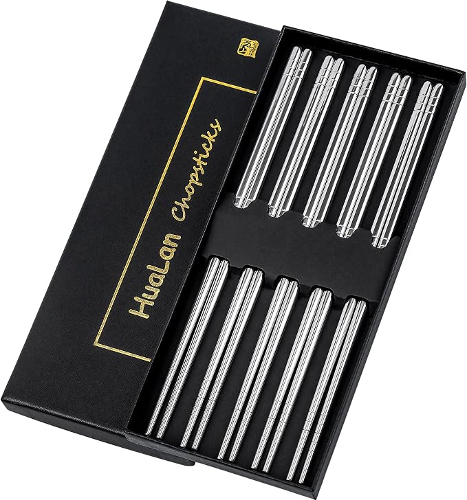 Stainless Steel Chopsticks, Metal Alloy Chopstick, Reusable Non-slip Design Chop Sticks, 5 Pairs Gift Set,Silver