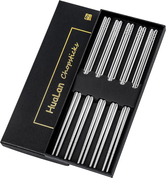 Stainless Steel Chopsticks, Metal Alloy Chopstick, Reusable Non-slip Design Chop Sticks, 5 Pairs Gift Set,Silver