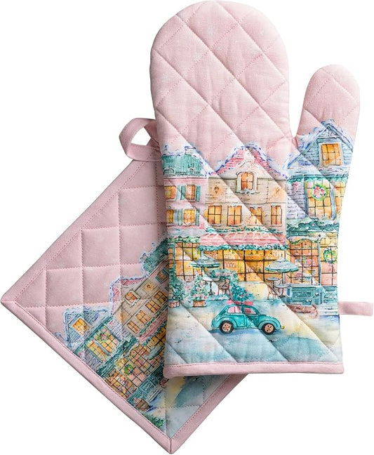 Maison d' Hermine 100% Cotton Oven Mitt & Pot Holder Set (7.5"x13" & 8"x8") | Heat Resistant BBQ Cooking Gloves with Loop Baking Kitchen Home Farmhouse Thanksgiving Christmas - Christmas Market - Pink