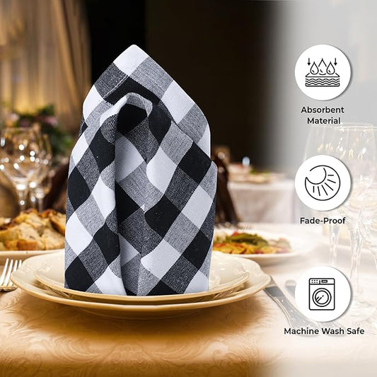 Urban Villa Cloth Dinner Napkins Set of 12 20''x20''100% Cotton Black White Buffalo Checks Highly Absorbent Washable Reusable Durable Ideal for Farmhouse Party Thanksgiving Fall Christmas Everyday Use