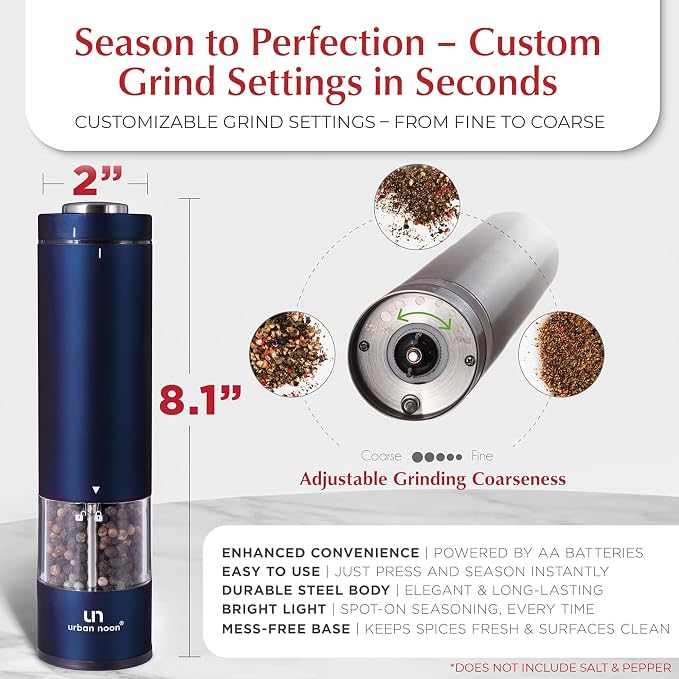 Urban Noon Electric Salt and Pepper Grinder Set (2 Mills, 8.1" Tall) - One-Handed Push-Button Mills with LED Light, Adjustable Ceramic Coarseness, Gift-Ready Box, 1-Year Warranty - Blue