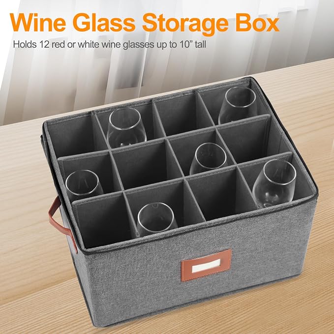 Wine Glass Storage Box with Dividers, Stemware Storage Containers for Glassware or Crystal, China Storage Containers Hard Shell, Moving Supplies, Hard Top, Sides and Stackable (2 Pack, Grey)
