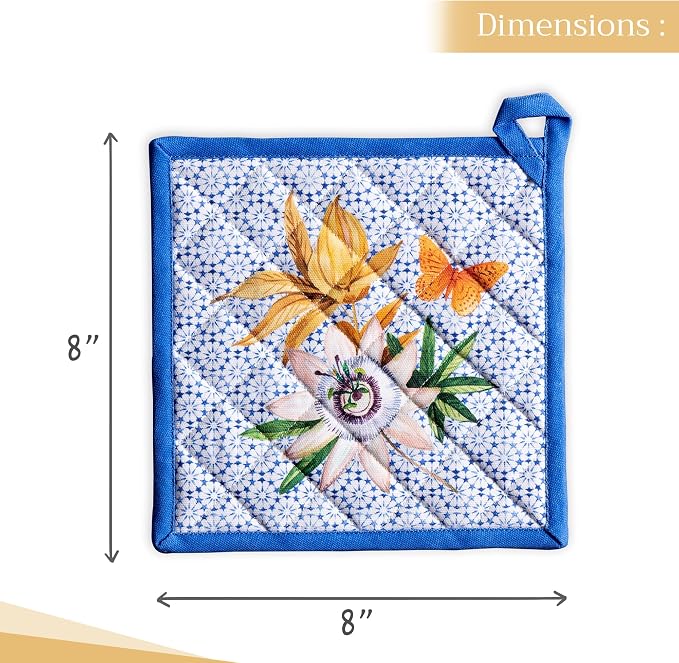 Maison d' Hermine Pot Holders 100% Cotton Potholders (8" x 8", Pack of 2) | Heat Resistant Hot Pads with Loop BBQ Cooking Baking Farmhouse Kitchen Handling Hot Pans Spring Summer - Passiflora