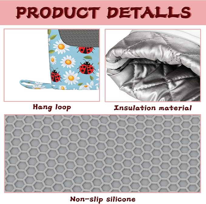 Ladybug Heat-Resistant Silicone Oven Mitts and Pot Holders 4 Piece Set,Cute Daisy Extra Long Non-Slip Kitchen Oven Gloves for Cooking, Baking, BBQ,Grilling