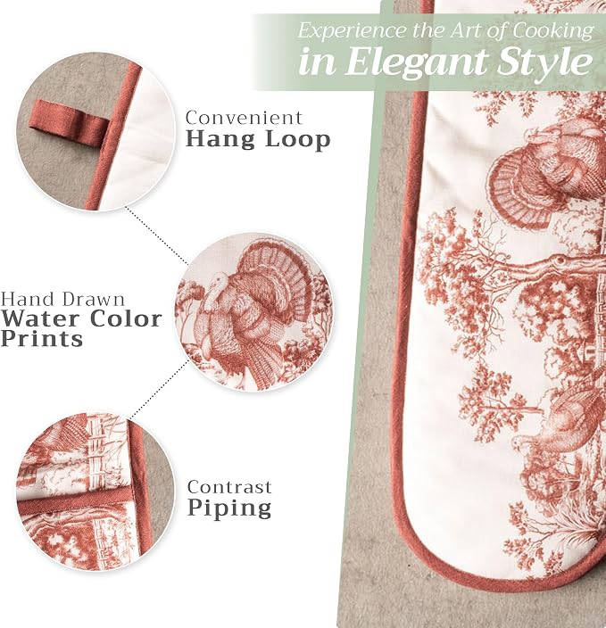 Maison d' Hermine Double Oven Mitts 100% Cotton Double Oven Glove (7"x35") | Heat Resistant BBQ Cooking Gloves with Loop Baking Kitchen Home Hotel Farmhouse Thanksgiving Christmas - Holy Jouy - Brown