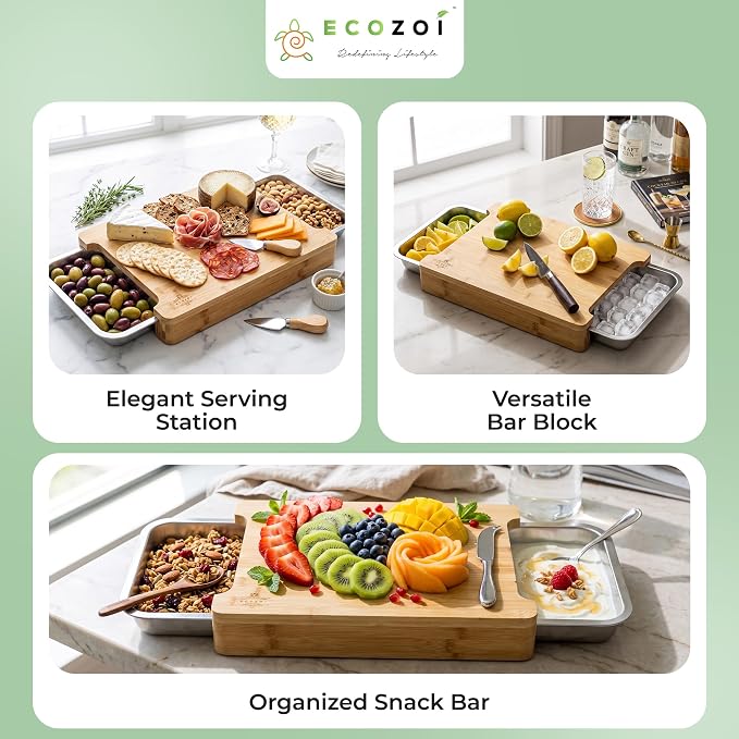 Bamboo Cutting Board by Ecozoi with 2 Slide Out Drawers. Keep Meal Prep Organized With Organic Bamboo Wooden Chopping Station. Non-Slip Butcher Block with Juice Groove for Easy Cleaning