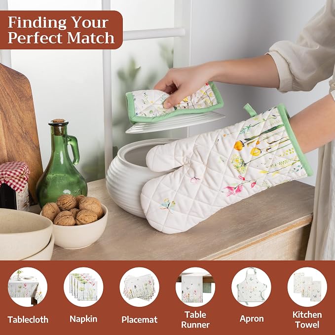 Maison d' Hermine Pot Holders 100% Cotton Potholders (8" x 8", Pack of 1) | Heat Resistant Hot Pads with Loop BBQ Cooking Baking Farmhouse Kitchen Handling Hot Pans Spring Summer - Botanical Fresh