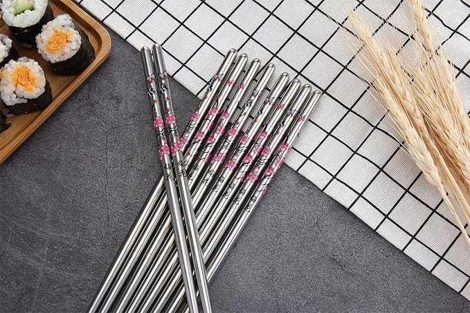 Stainless Steel Chopsticks, Metal Chopsticks, Reusable Non-slip Design Chop Sticks, 5 Pairs Gift Set,Plum Pattern Design