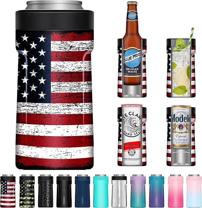 3 In 1 Insulated Universal Can Cooler - Signice Double Walled Vacuum Insulator Stainless Steel Slim Can Cooler for 12 Oz Skinny Tall Standard Regular Can Beer Bottle (Flag)