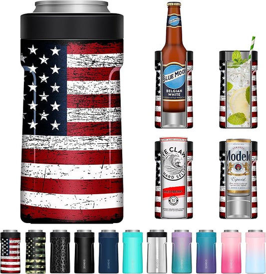 3 In 1 Insulated Universal Can Cooler - Signice Double Walled Vacuum Insulator Stainless Steel Slim Can Cooler for 12 Oz Skinny Tall Standard Regular Can Beer Bottle (Flag)