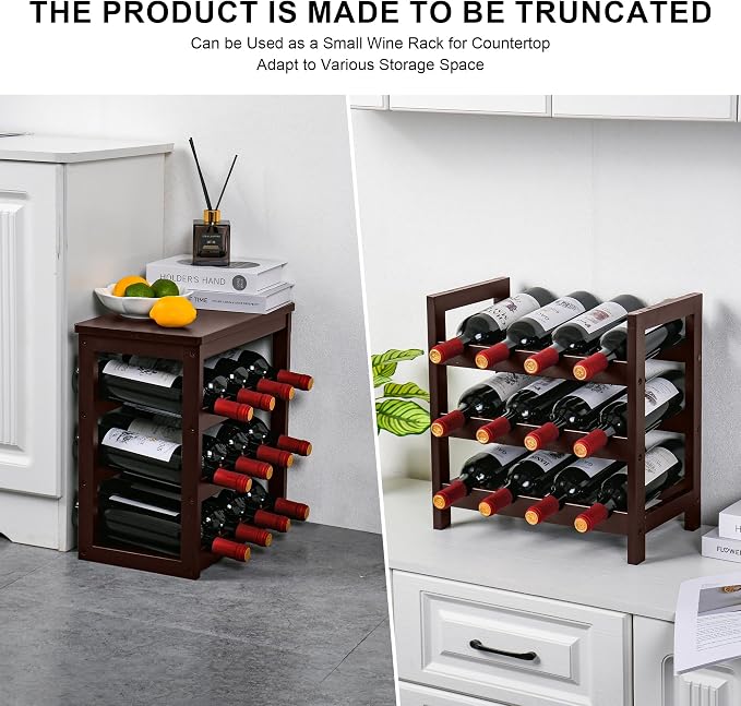 VASMIA Wine Rack Free Standing Floor, 6-Tier Display Wine Storage Shelves with Table Top, 24-Bottle Bamboo Wine Rack Shelf for Kitchen Bar Dining Room Living Room, Brown