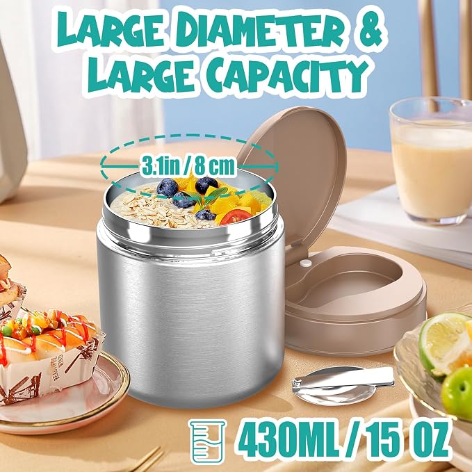 Thermo for Hot Food Kids - 15.2oz with Folding Spoon and Silicone handle | Leak Proof Insulated Food Jar, Soup Thermo, Wide Mouth Insulated Lunch Containers, Dishwasher Safety
