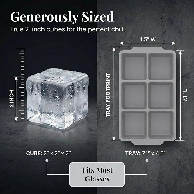 KitchFort® Large Silicone Ice Cube Tray (3-Pack), Easy Release 2" Big Ice Cubes - Cocktail, Whiskey Ice Cubes Mold - Ice Trays for Freezer with Lid - Stackable Silicone Ice Tray - Gray