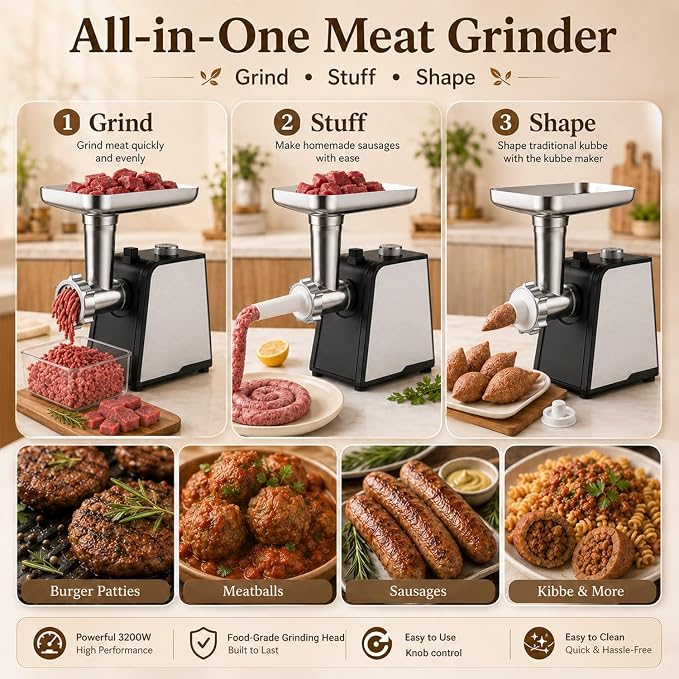 3200W Max Electric Meat Grinder & Sausage Stuffer - Mincer Machine with Tool 2 Blade And 3 Plates, 3 Tubes & Kubbe Kit Tool for Home Kitchen Use（Black）