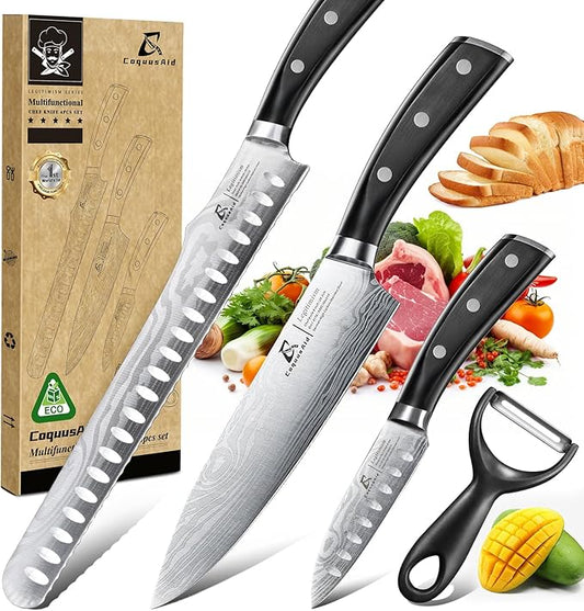 Essential 4-Piece Kitchen Knife Set,Sharp German Steel Knives Sets(Chef's Knife, Paring Knife, Bread Knife + Peeler) for Home Cooking BBQ,Gift Box included