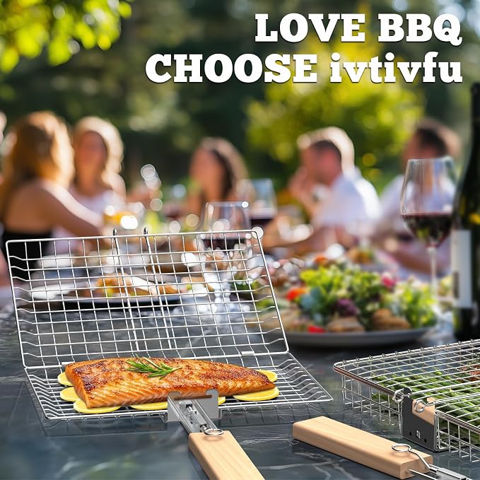 Fish Grill Basket Set, Removable Wooden Handle, Nesting BBQ Tools | 304 Stainless Steel, Smoker Grilling Accessories for Vegetable, Outdoor Cooking Camping, Birthday Gifts for Men Dad Husband