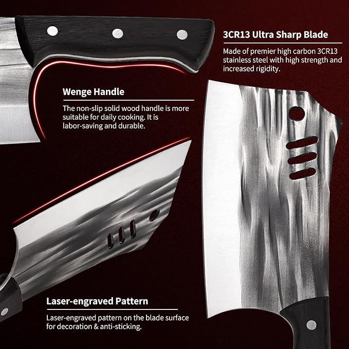 SHI BA ZI ZUO Chopping Knife Forged Cleaver Knife Heavy Duty Kitchen Knife for Meat Cutting with Anti-Slip Wooden Handle