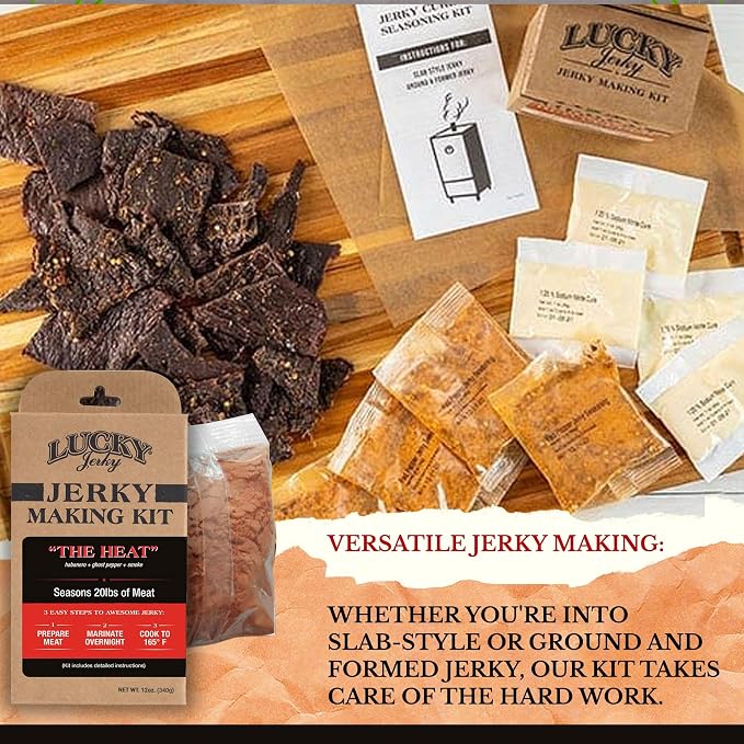 Lucky Jerky The Heat DIY Beef Jerky Seasoning and Cure Kit, 12 Oz | Make Your Own The Heat Beef Jerky at Home, Bold Pepper Forward Flavor, Seasons 20 lbs of Meat