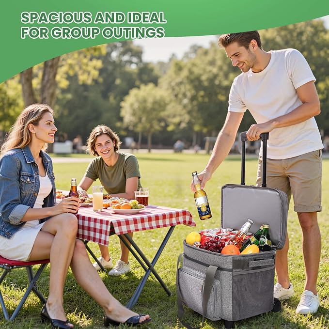 MIYCOO Cooler Bag with Wheels, 60 Can Expandable Double Deck Cooler | Leakproof Insulated Soft Lunch Cooler, Extra Large Portable Ice Chest Cooler for Beach, Picnic, Camping, Shopping (Gray)