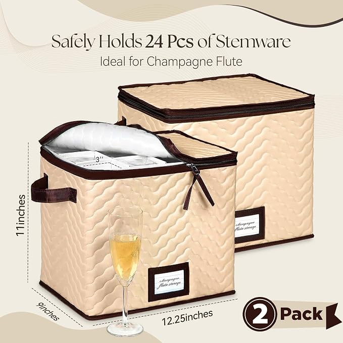 Wine Glass Storage Box with Dividers, Holds 12 Champagne Flute 3" Wide | 2 Pack, Stemware Storage Case, Protects Fine China, Durable Quilted Microfiber, Carry Handles, Ideal for Champagne Flute