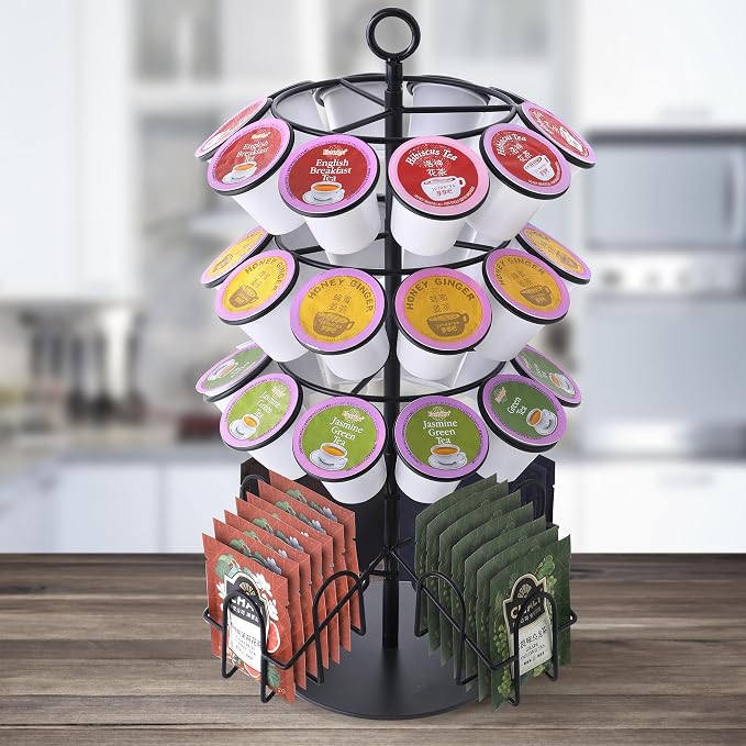 Coffee Pod Holder for Keurig & Tea Bag Organizer, K-Cup Holder Compatible with 36 K-Cups Pods, 60 Tea Bags, Spins 360-Degrees Carousel Stand, Coffee Pod Tea Bag Storage Stand Organizer for Countertop