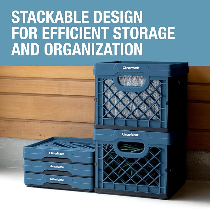 CleverMade Collapsible Milk Crates, 25L, 3 Pack, Holds 50 lb, Ocean | Organize Files, Groceries, and Gear in One Crate | Built-In Rails Hold Letter Folders, While the Frame Stacks Securely