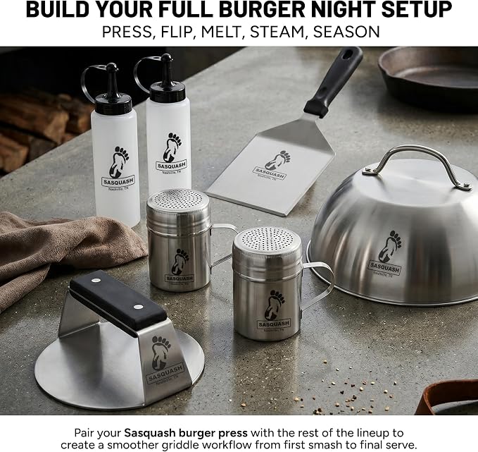 Smash Press, Stainless Steel, Round Flat Bottom Tool, 6 inch | Heavy Duty Hamburger Smasher Flat Top Built For Griddle, Grill and Skillet Cooking, Backyard Kitchen Essential, Cookout Ready