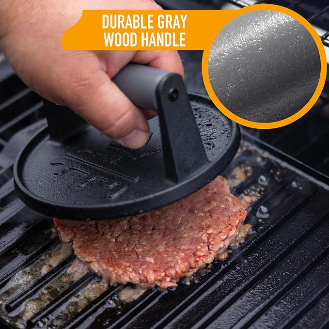 SMASHER KING™ - Smash Burger Press - Cast Iron Burger Smasher | Hamburger Patty Maker - Smash Burger Kit With 25 Sheets Of Paper - Grill Press And Steak Weight And Heavy Meat Smasher
