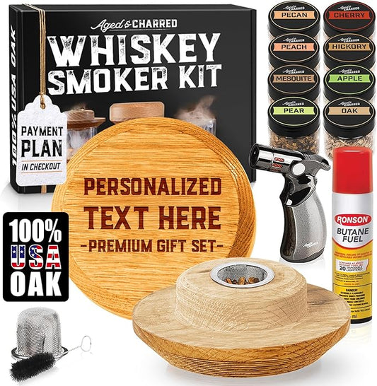 Personalised Whiskey Smoker Kit with Torch & Butane with Oak Wood Chips - Custom Engraved Smoke Lid for Bourbon & Old Fashioned Cocktails - Unique Whiskey Gifts for Men - Fits Various Glasses