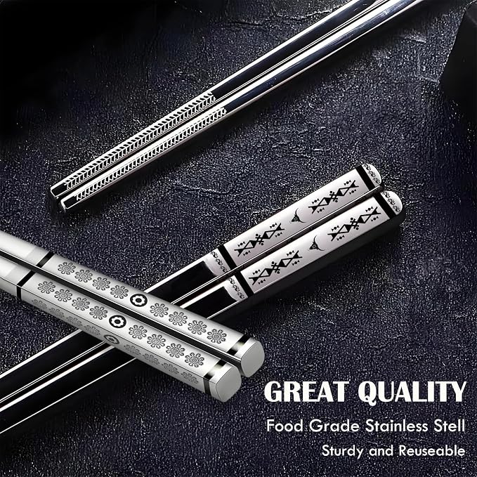 Metal Chopsticks Reusable,18/8 Stainless Steel,Silver,5 Pairs | Dishwasher Safe, Square, Lightweight, Non-Slip, Boho Style