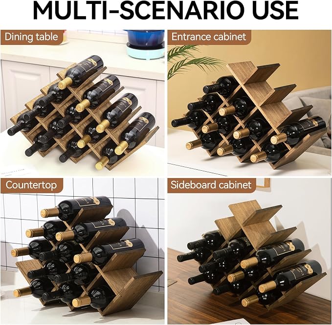 KIRIGEN Wood Wine Rack, 13-Bottle 4-Tier Countertop Holder, Brown 4-DBR | 22.28 x 5.9 x 13.9 In, Freestanding Wooden Rack Stores 13 Wine Bottles for Counters, Cabinets, Pantry Shelves, and Home Bars