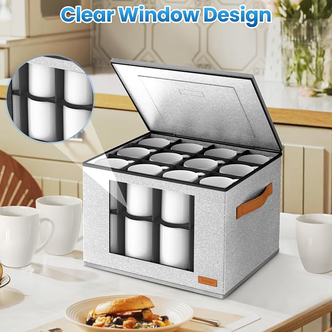 Foyego 2-Layer Coffee Mug Storage Box with Dividers, Cup and Mug Storage Organizer with Zipper Lid and Handles, Stackable Cup Organizer for 24 Coffee Mugs, Cups and Glasses, Light Grey