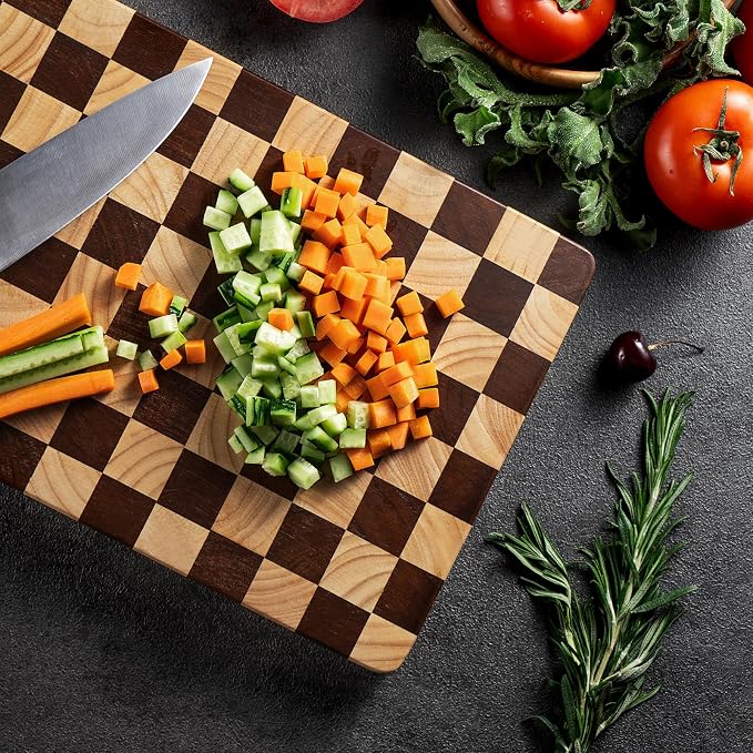 Wood Cutting Board Butcher Block, Wooden Chopping Board with Checkerboard Pattern and Inner Side Handles Meat Cheese Charcuterie Board, Ideal for Chopping, Slicing, and Dicing 14 * 9.5 Inch