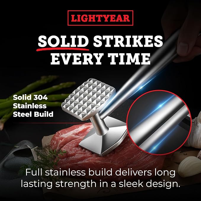 Lightyear Meat Tenderizer – Stainless Steel Meat Mallet | Dual-sided meat mallet and meat hammer tenderizer – stainless steel chicken tenderizer, meat pounder, dishwasher safe