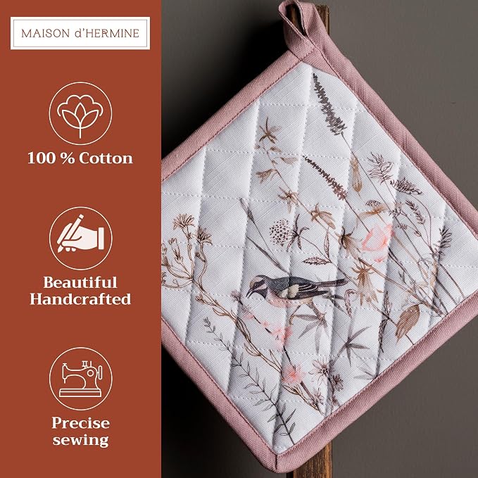 Maison d' Hermine Pot Holders 100% Cotton Potholders (8" x 8", Pack of 2) | Heat Resistant Hot Pads with Loop BBQ Cooking Farmhouse Kitchen Handling Hot Pans Spring Summer - Meadow Florals - Brown
