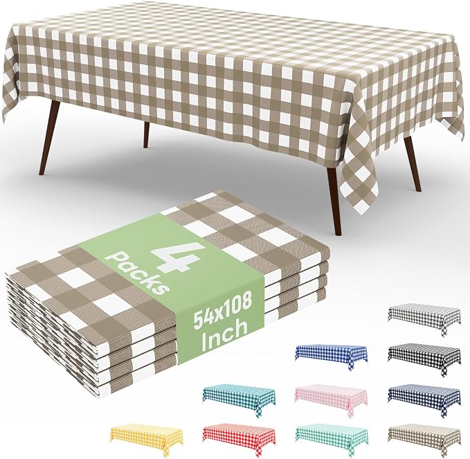 4 Packs Buffalo Disposable Table Cloth, 54 x 108 Inch Waterproof Plastic Tablecloth, Rectangle Khaki and White Checkered Table Covers for Picnic, Birthday, Party, Back to School
