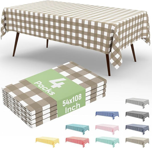 4 Packs Buffalo Disposable Table Cloth, 54 x 108 Inch Waterproof Plastic Tablecloth, Rectangle Khaki and White Checkered Table Covers for Picnic, Birthday, Party, Back to School