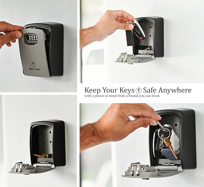 Iron Lock® XXL Wall Mount Key Lock Box, Outdoor Combination Code (Grey) | Fits 20-30 spares plus fobs & cards; unique built-in tray so keys don't fall out; dial cover; screws & anchors included